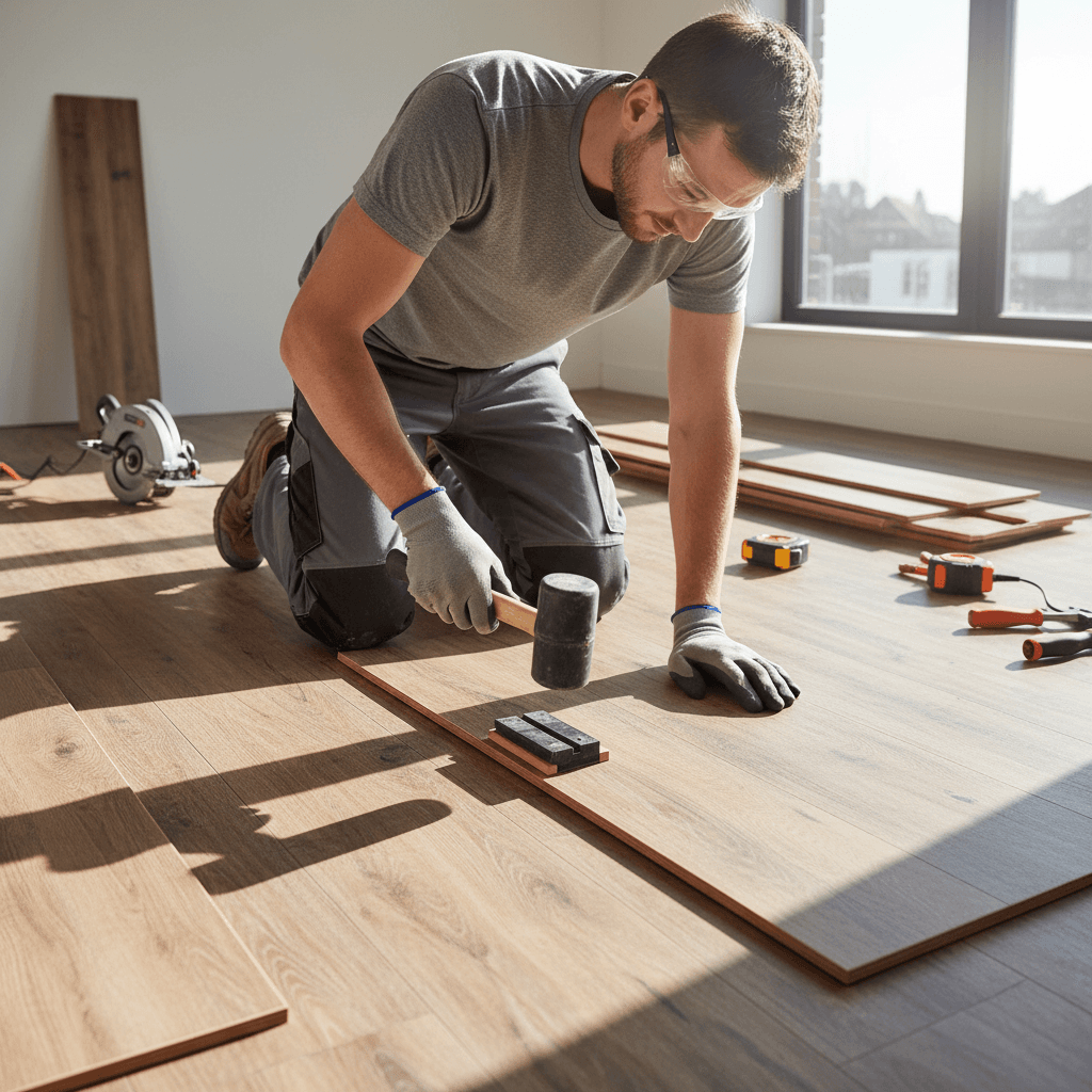 Professional flooring installation in progress