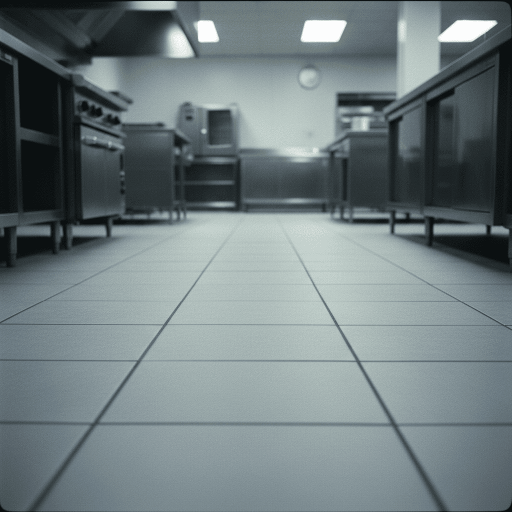 Commercial kitchen with newly installed ceramic tile flooring