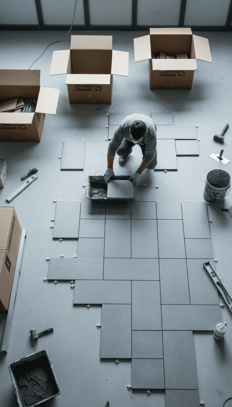 Commercial tile installation layout showing geometric pattern arrangement