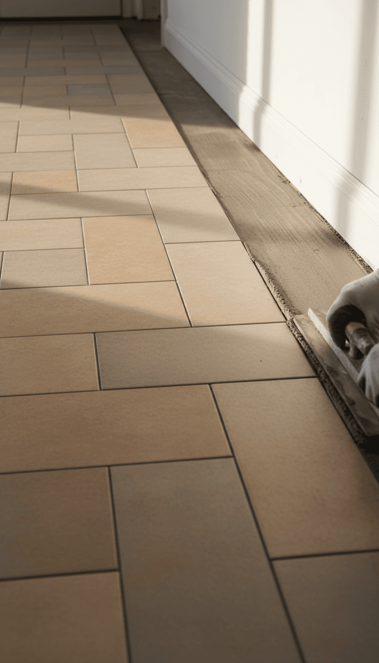 Professional tile installation in progress with installer grouting ceramic tiles