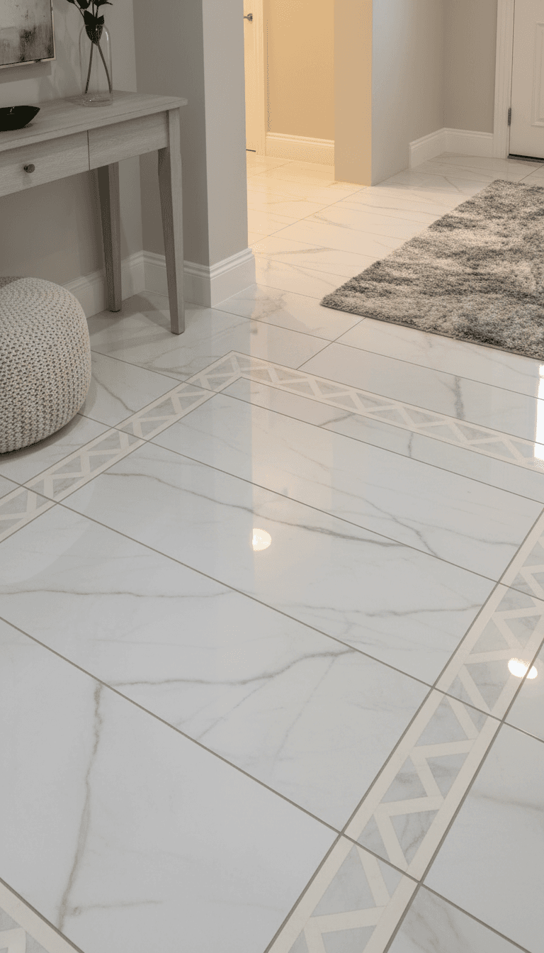 Marble-look tile flooring in an entryway with geometric border detail