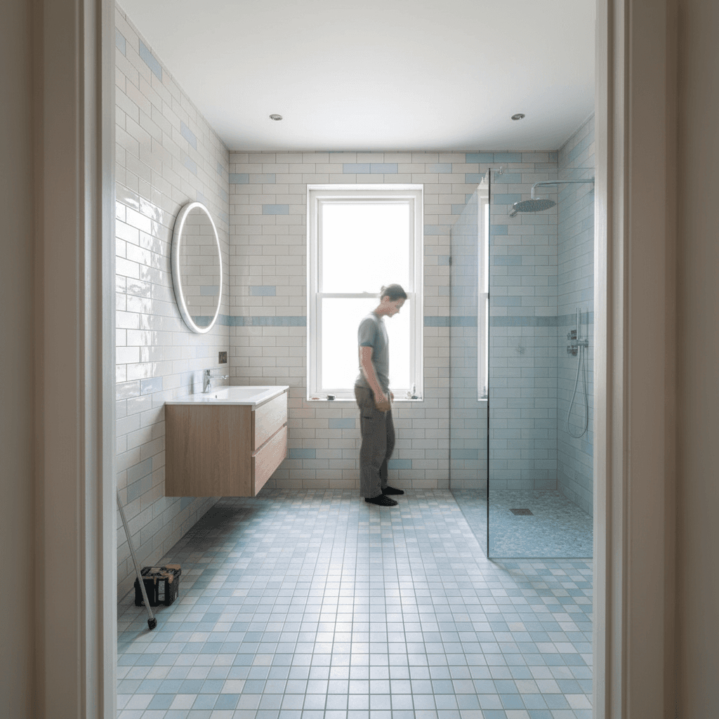Modern bathroom with complete tile installation and polished fixtures
