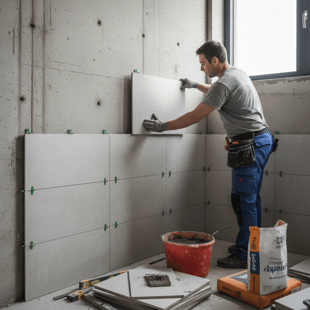 Professional tile installation on commercial bathroom wall