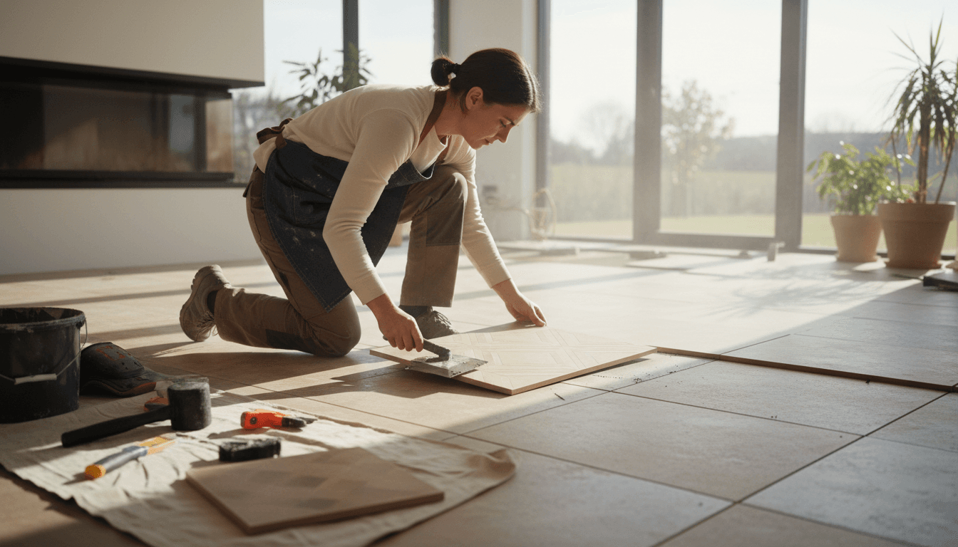 Professional tradesperson installing premium ceramic tile flooring with precision and care