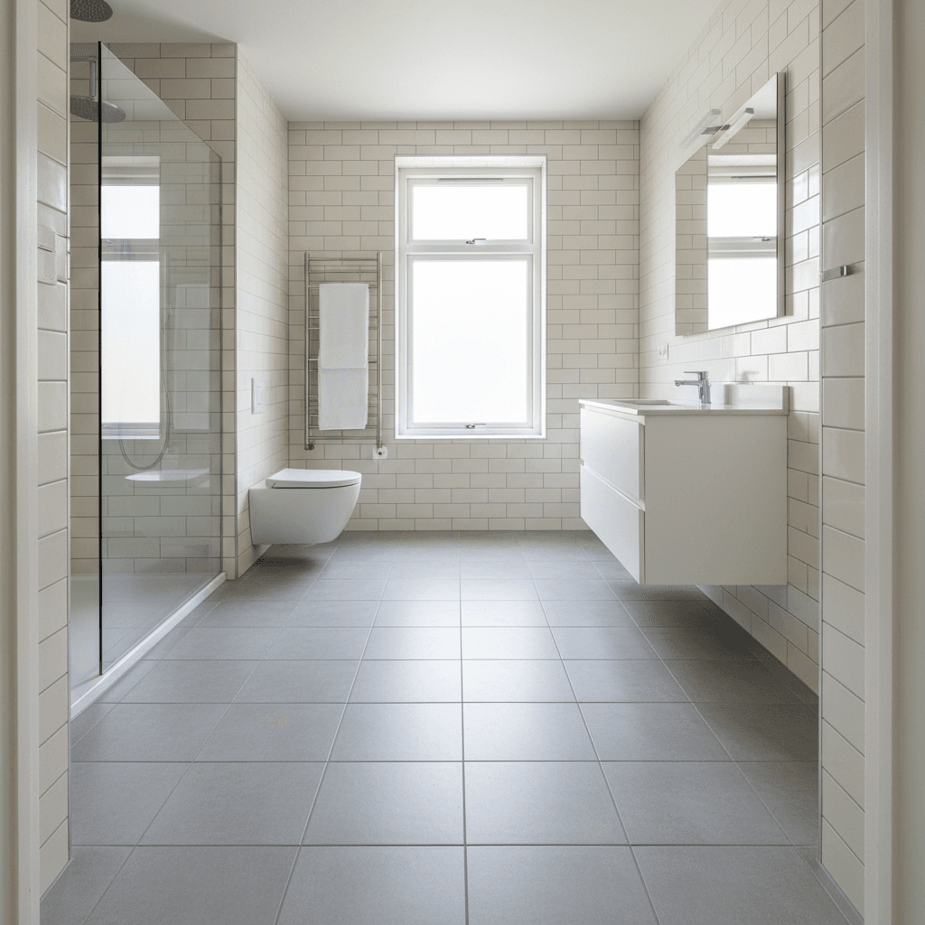 Complete bathroom renovation with ceramic tile flooring and wall installation