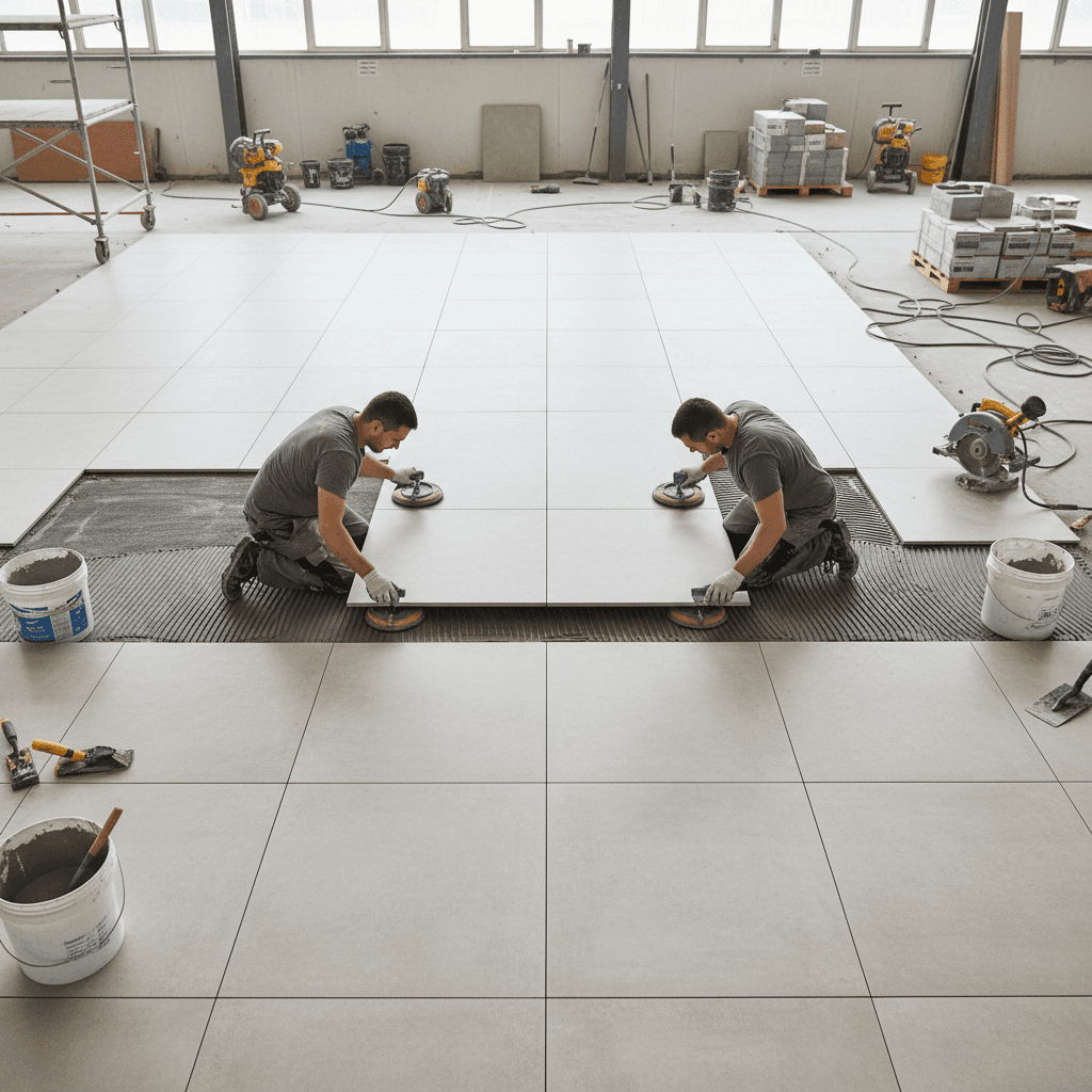 Professional tile installation in a commercial space showing precision and quality work