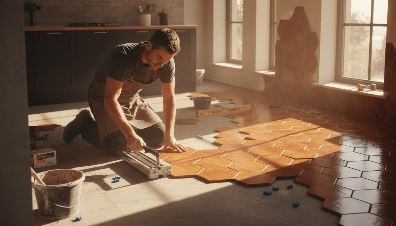 Professional tile installation in progress on a residential kitchen floor