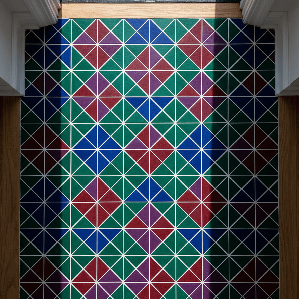 Decorative geometric tile pattern installation in residential entryway