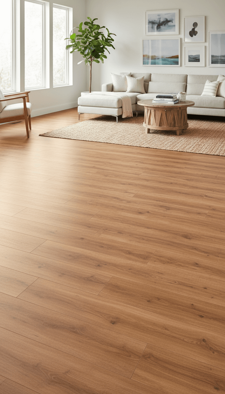 Luxury vinyl plank flooring installed in a residential living room