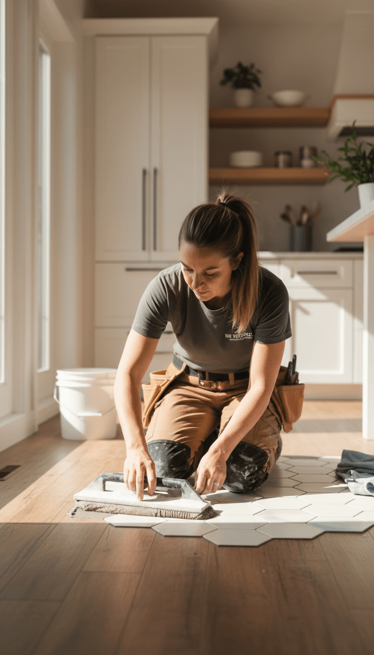 Tile installer applying grout between ceramic floor tiles in a kitchen