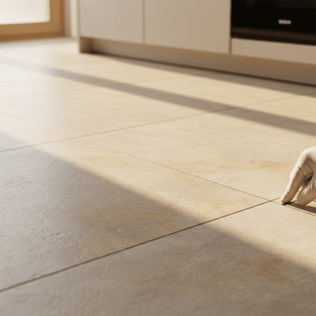 Freshly installed porcelain tile kitchen floor with expert grout work