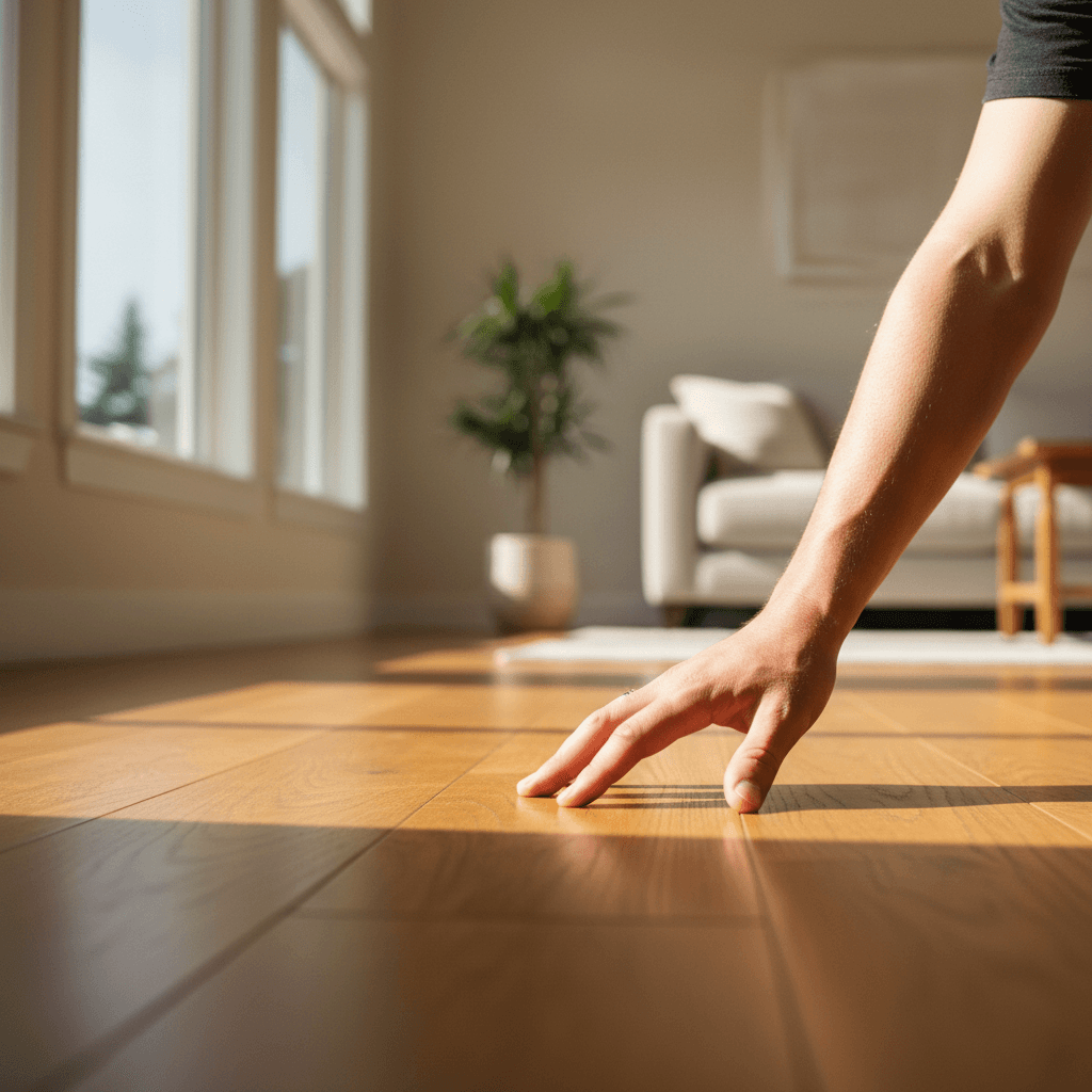 Homeowner admiring newly installed hardwood flooring in a bright residential space