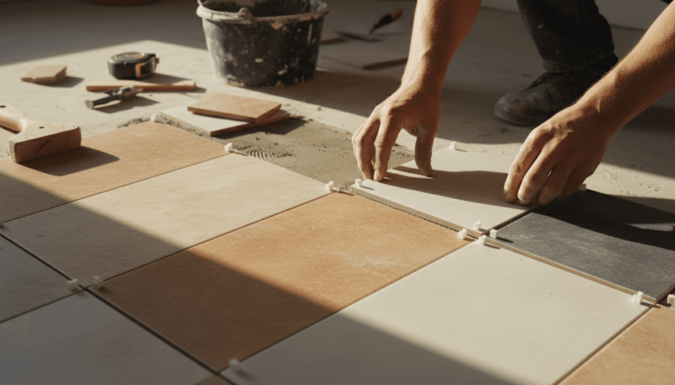Professional tile installation in progress with precise spacing and quality materials