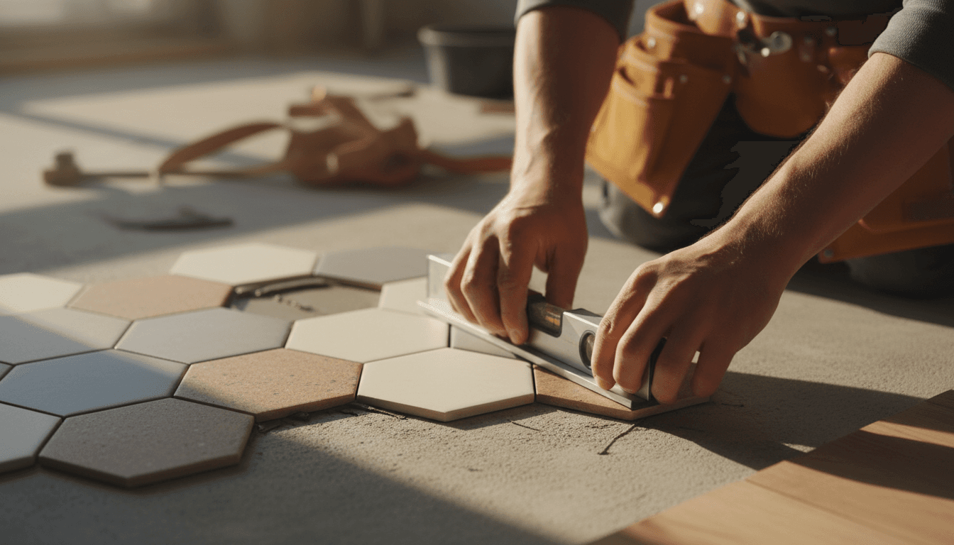 Skilled installer carefully laying hexagonal floor tiles with precision and attention to detail