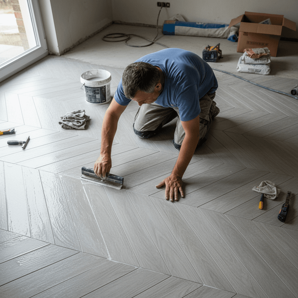 Professional installer completing final sealing and finishing work on flooring installation