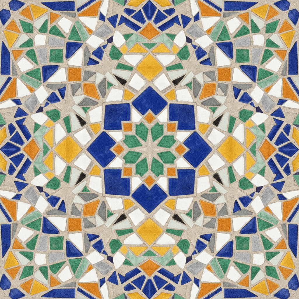 Overhead view of custom decorative tile pattern installation showcasing artistic design