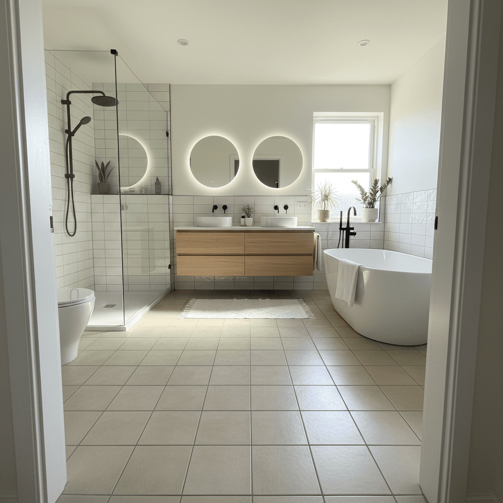 Completed ceramic tile floor in residential bathroom